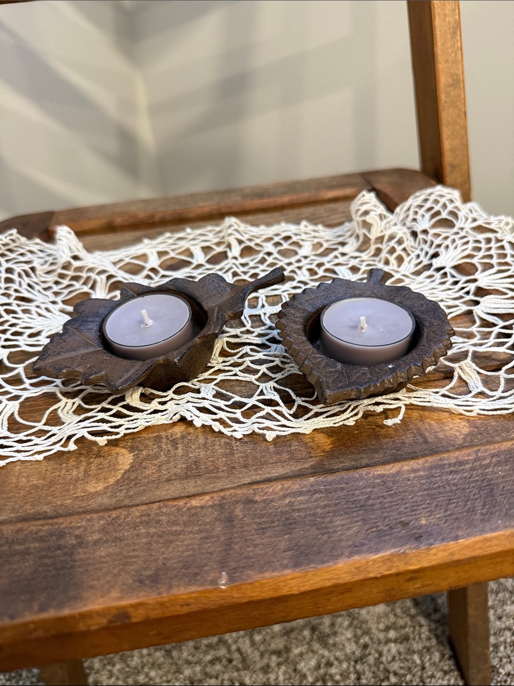 Vintage Rustic Metal Leaf Tealight Candle Holders Set of 2 Farmhouse Decor